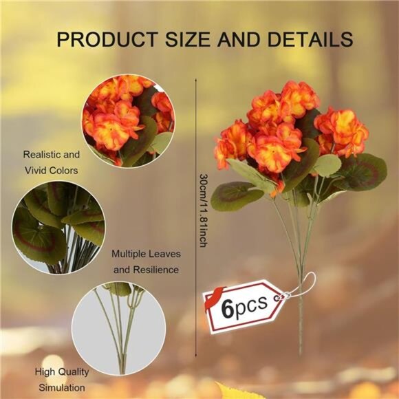 6 Bundles Fall Flowers Artificial for Decoration, Fake Geraniums Artificial - Picture 2 of 7